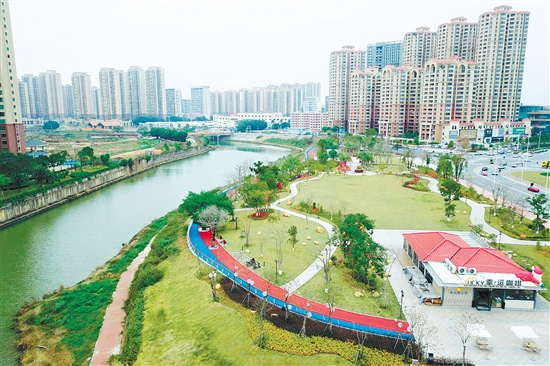 臺山碧道的設(shè)計與建設(shè)理念，均以生態(tài)保護為核心，注重保留沿途的河灘地，營造“紅花盛開、綠草如茵、魚兒游弋”的生態(tài)水文環(huán)境。圖為臺城河段碧道。