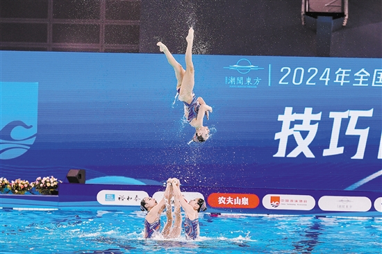 2024年全國花樣游泳錦標賽在江門完美收官。圖為運動員比賽精彩瞬間。