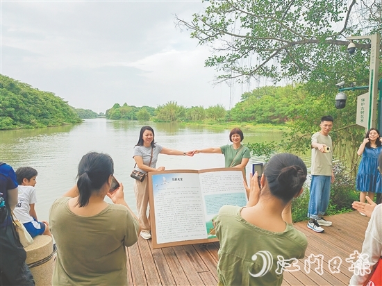 游客紛紛與“鳥的天堂”合影。